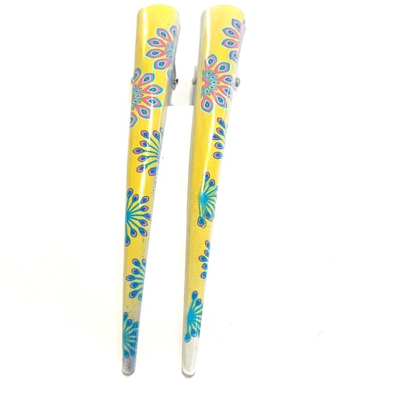 Updo Hair Clips Set of 2 Yellow With Blue Pink Peacock Print - Picture 2 of 5